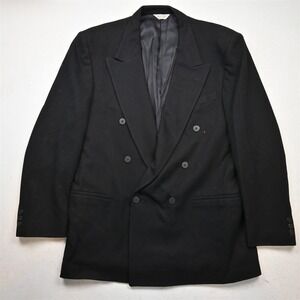 Vtg USA Made Double Breasted 44L Black 100% Wool Flannel Blazer Sport Coat